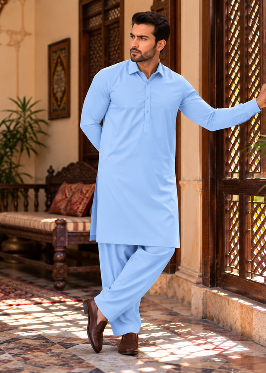 Premium Unstitched Wash & Wear Fabric (Sky blue)