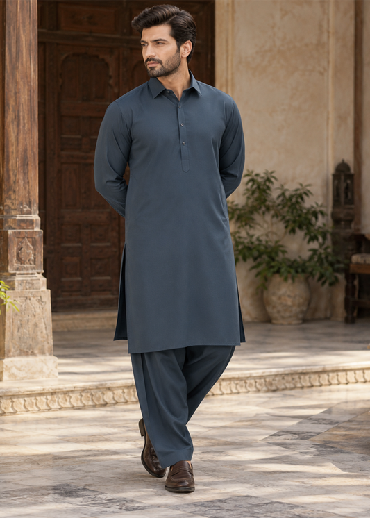 Premium Unstitched Wash & Wear Fabric (Blue-Ctone Color)