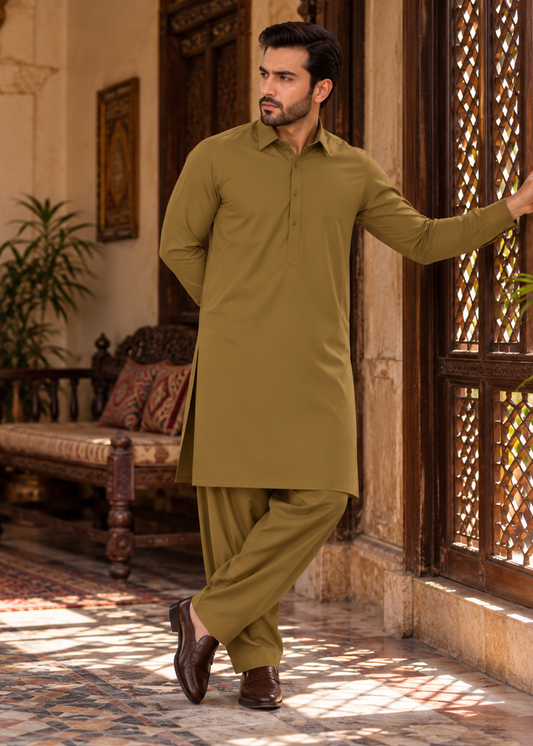 Premium Unstitched Wash & Wear Fabric (Drack-Camel Color)