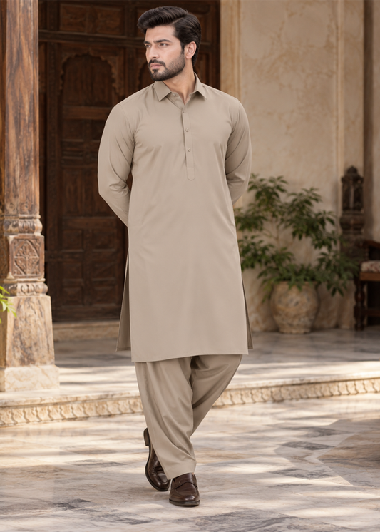 Premium Unstitched Wash & Wear Fabric (Beige Color)