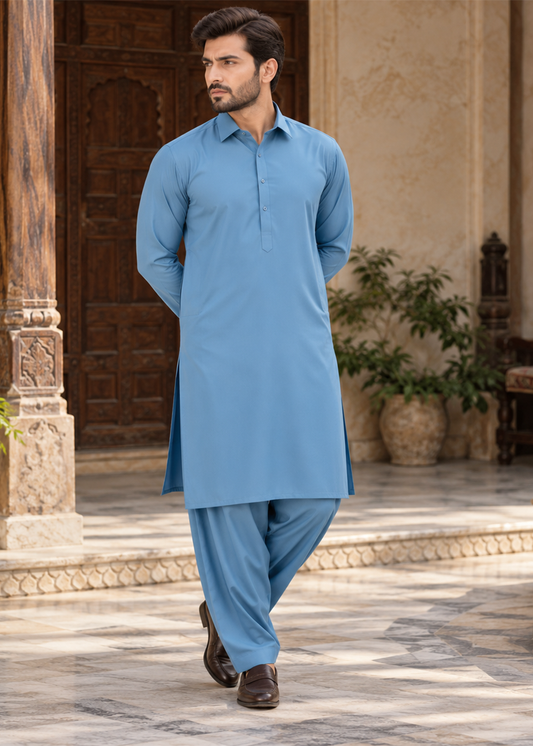 Premium Unstitched Wash & Wear Fabric (Sky Blue Color)