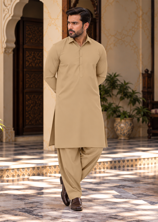 Premium Unstitched Wash & Wear Fabric (Tight-Camel Color)