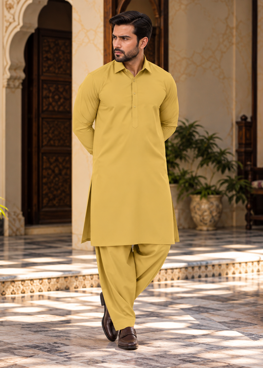 Premium Unstitched Wash & Wear Fabric (Dark-Mustard Color)