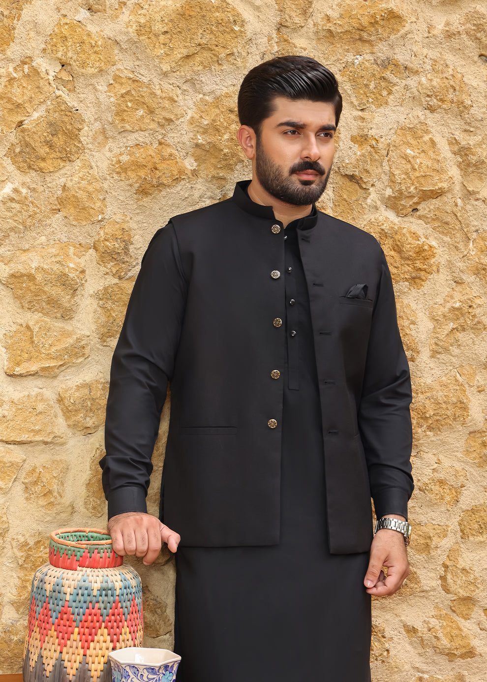 BLACK-WAISTCOAT – Saleem Fabric Pakistan