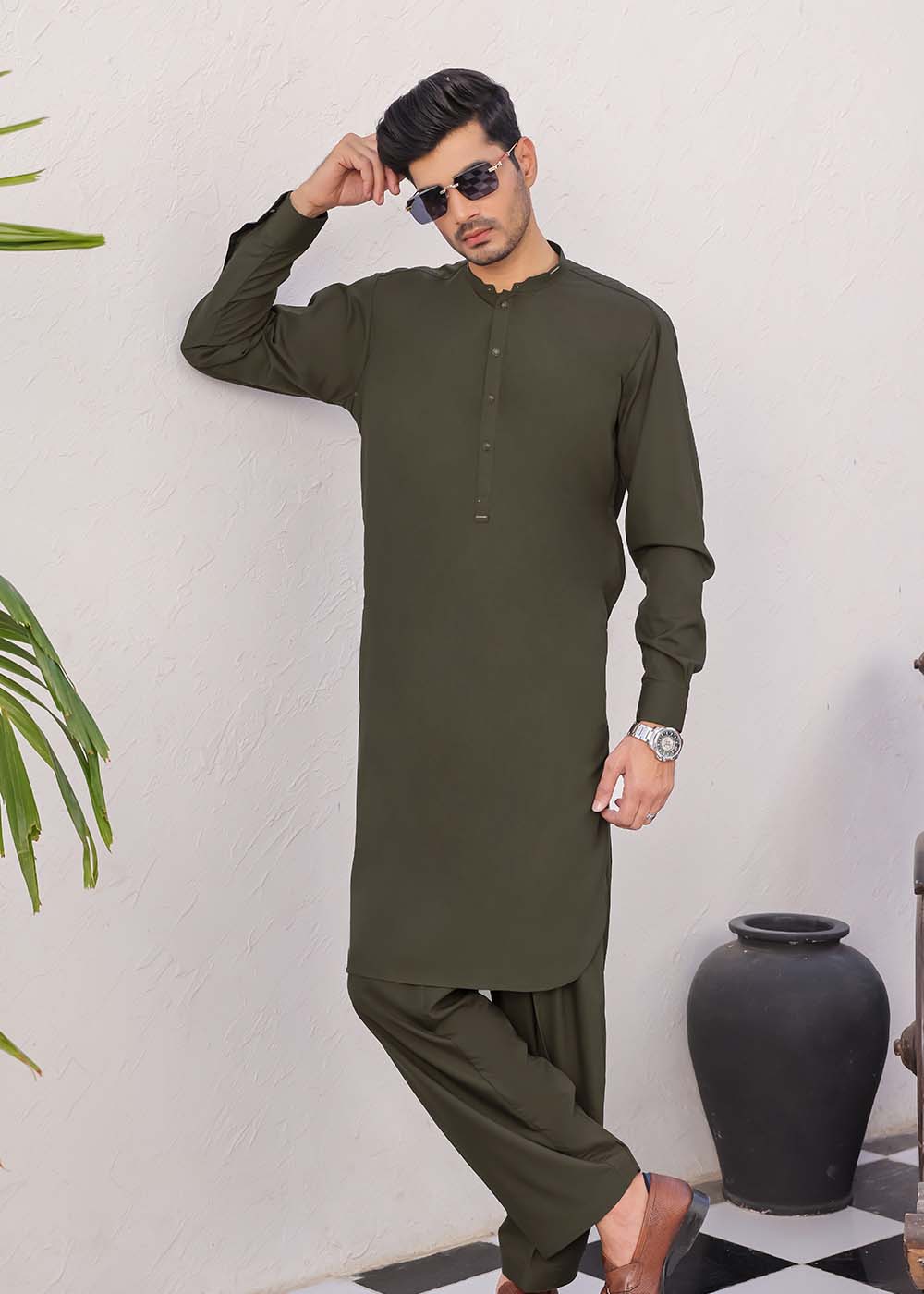OLIVE GREEN BLENDED DESIGNER KURTA SHALWAR