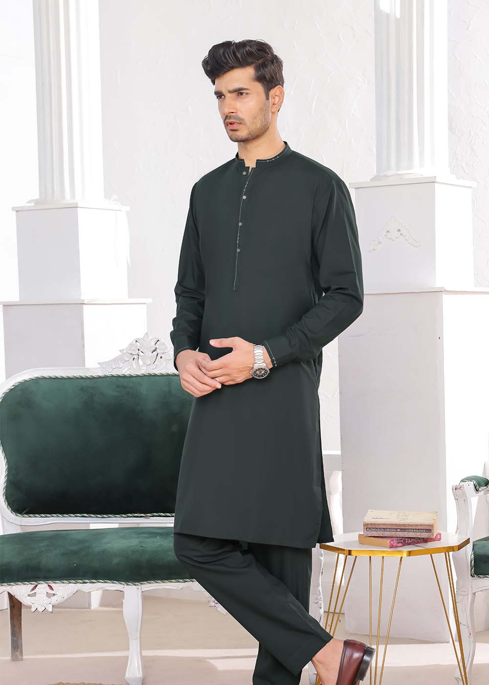 DARK GREEN BLENDED DESIGNER KURTA PAJAMA