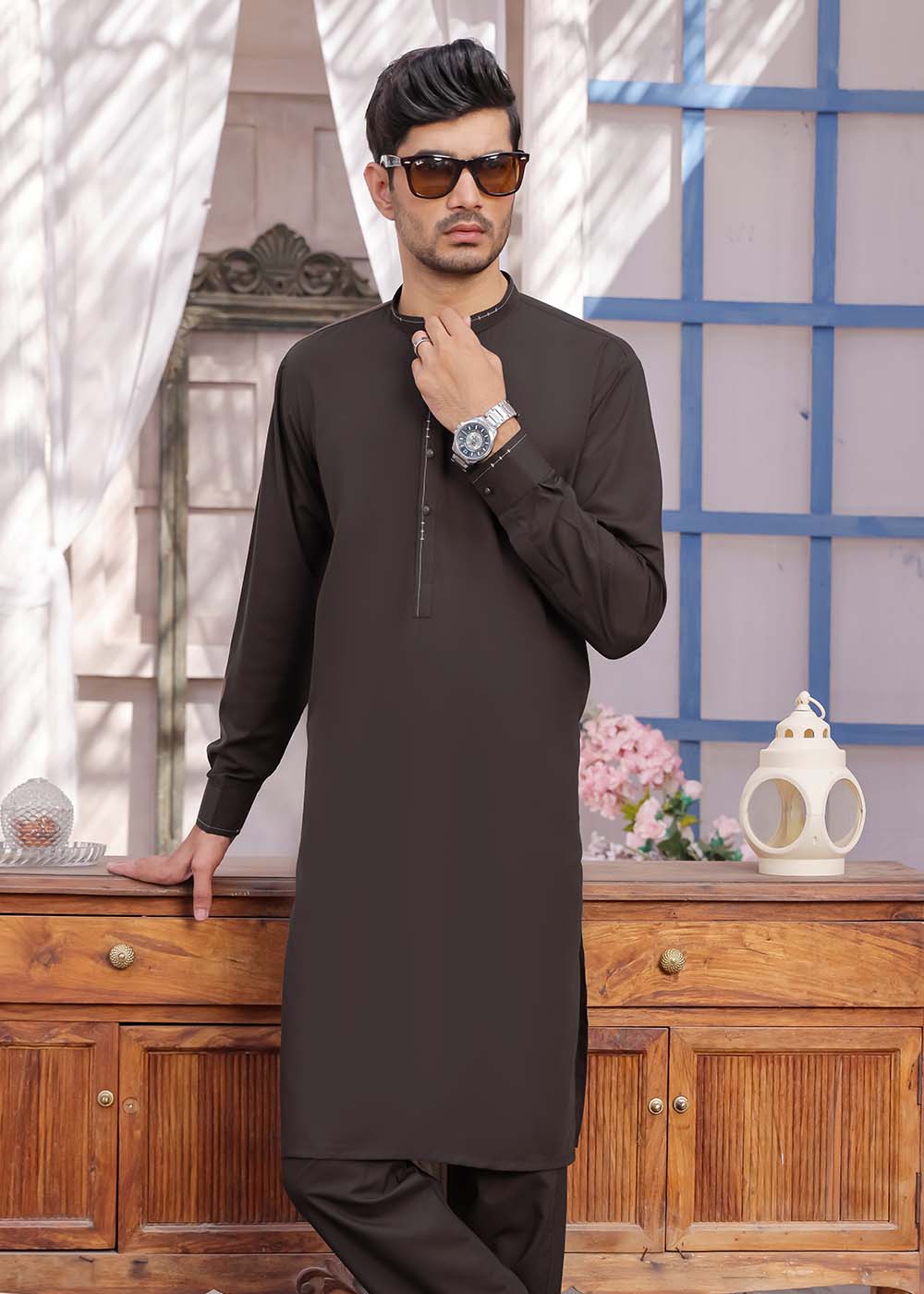 DARK BROWN BLENDED DESIGNER KURTA PAJAMA
