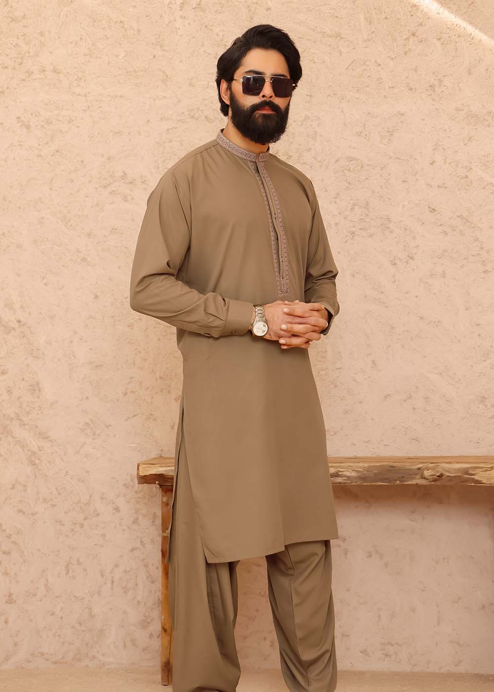 MUSTARD BROWN EMBROIDERED KURTA SHALWAR
