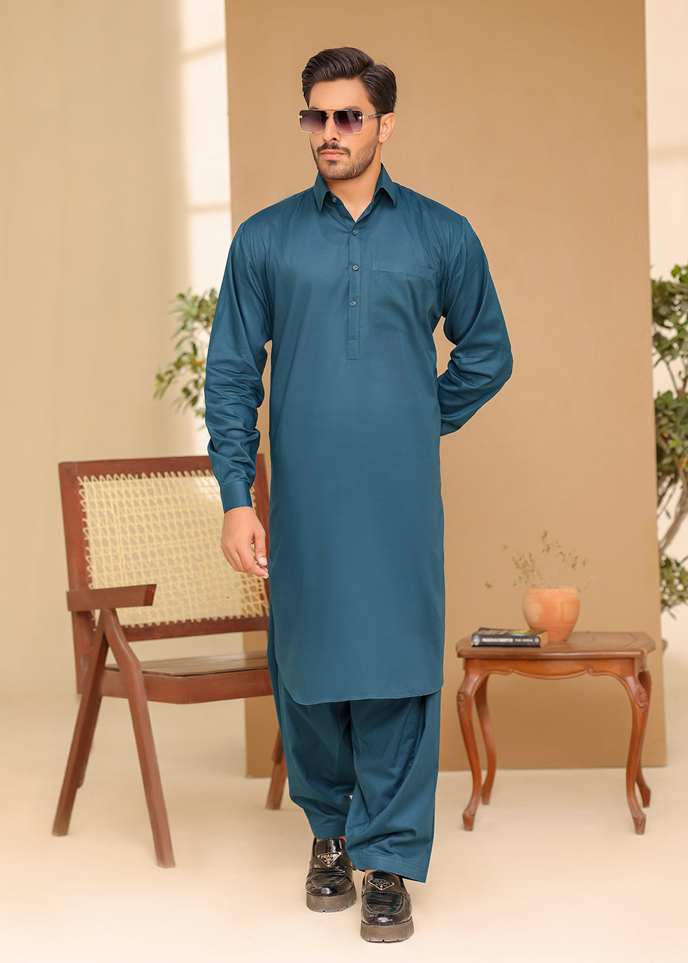 Cotton Kameez Shalwar Teal Blue Color